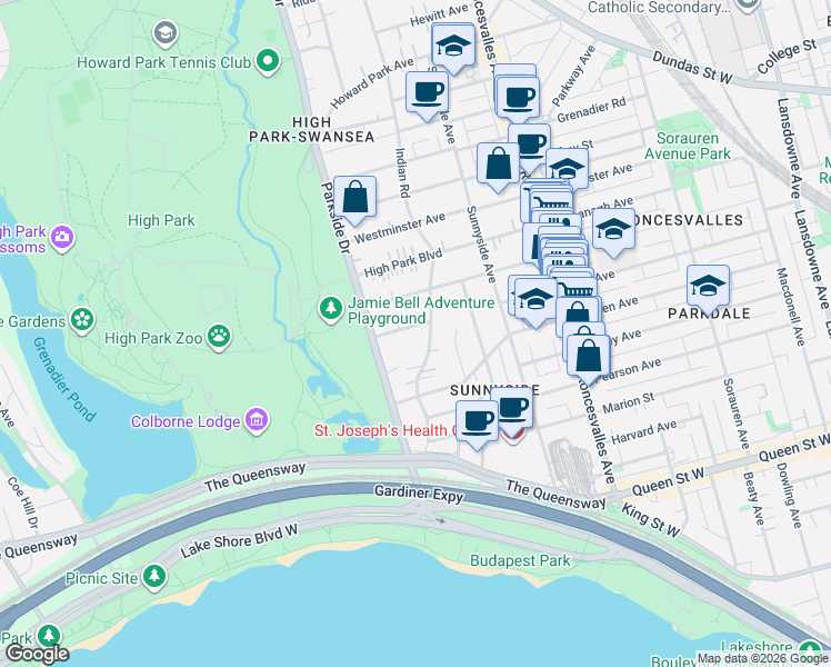map of restaurants, bars, coffee shops, grocery stores, and more near 1 Algonquin Avenue in Toronto
