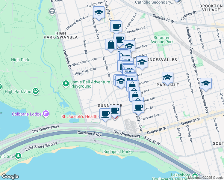 map of restaurants, bars, coffee shops, grocery stores, and more near in Toronto