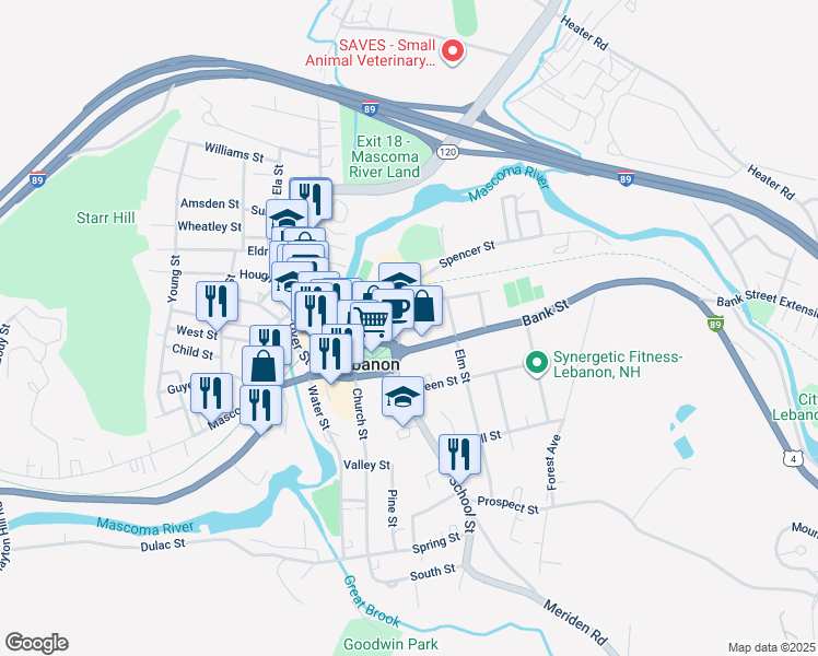 map of restaurants, bars, coffee shops, grocery stores, and more near 10 Campbell Street in Lebanon