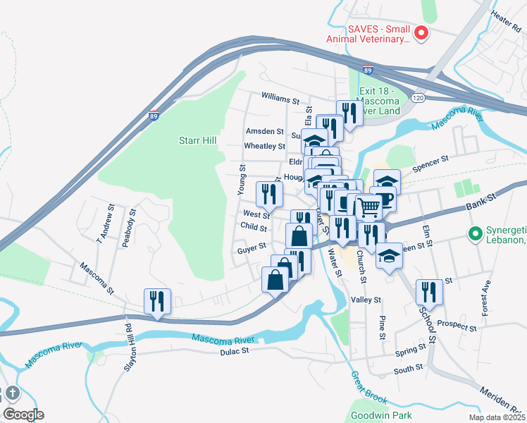 map of restaurants, bars, coffee shops, grocery stores, and more near 26 Fairview Avenue in Lebanon