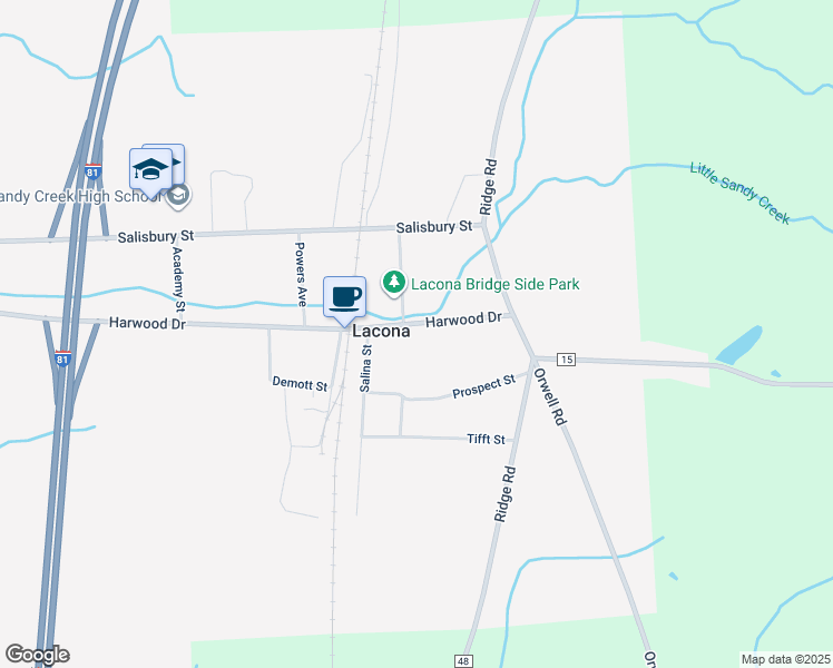 map of restaurants, bars, coffee shops, grocery stores, and more near 1858 Harwood Drive in Lacona