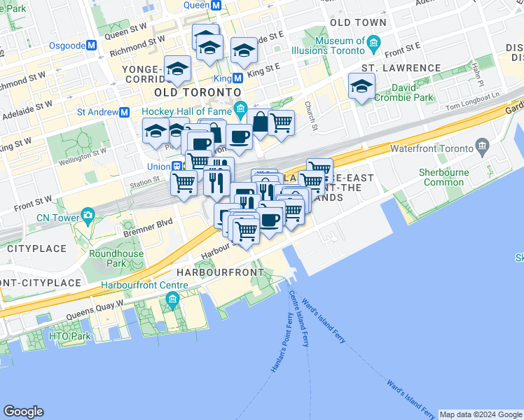 map of restaurants, bars, coffee shops, grocery stores, and more near in Toronto