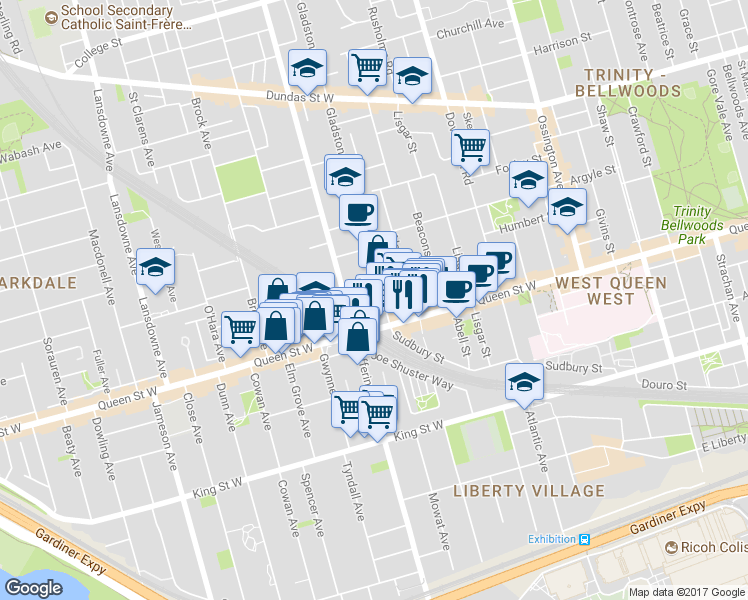 map of restaurants, bars, coffee shops, grocery stores, and more near in Toronto