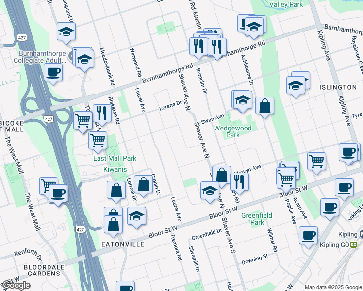 map of restaurants, bars, coffee shops, grocery stores, and more near in Toronto