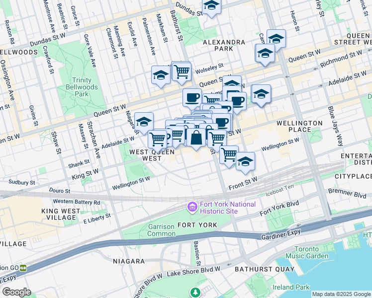map of restaurants, bars, coffee shops, grocery stores, and more near 725 King Street West in Toronto