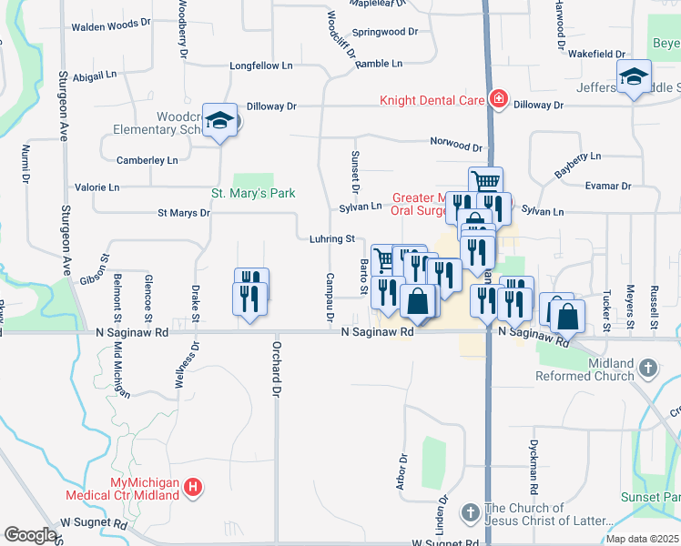map of restaurants, bars, coffee shops, grocery stores, and more near 5011 Barto Street in Midland