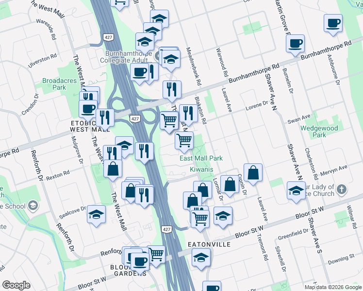 map of restaurants, bars, coffee shops, grocery stores, and more near 366 The East Mall in Toronto