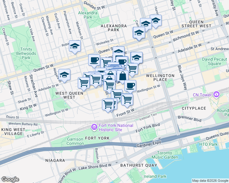 map of restaurants, bars, coffee shops, grocery stores, and more near 55 Stewart Street in Toronto