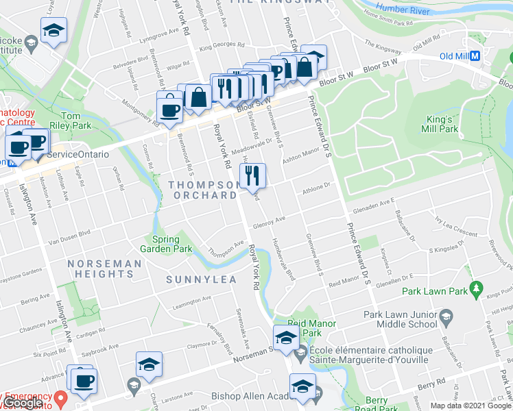 map of restaurants, bars, coffee shops, grocery stores, and more near 102 Humbervale Boulevard in Toronto