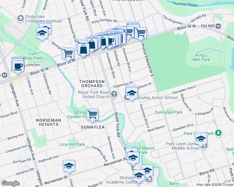map of restaurants, bars, coffee shops, grocery stores, and more near 102 Humbervale Boulevard in Toronto