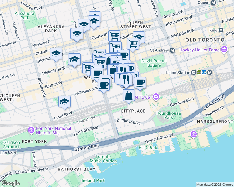 map of restaurants, bars, coffee shops, grocery stores, and more near 352 Front Street West in Toronto