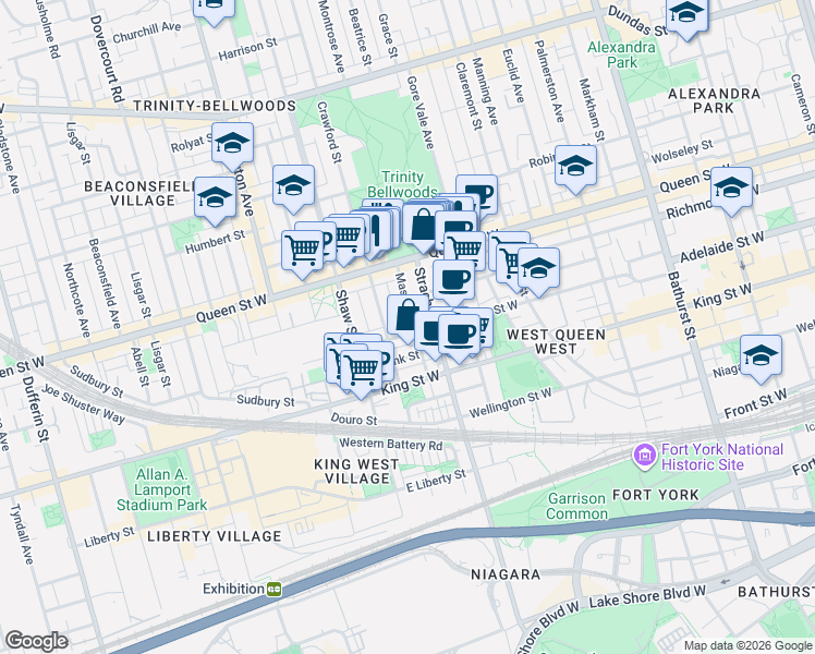 map of restaurants, bars, coffee shops, grocery stores, and more near in Toronto