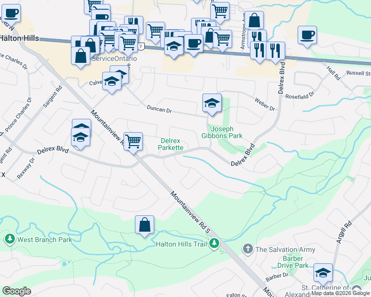 map of restaurants, bars, coffee shops, grocery stores, and more near 70 Greystone Crescent in Halton Hills