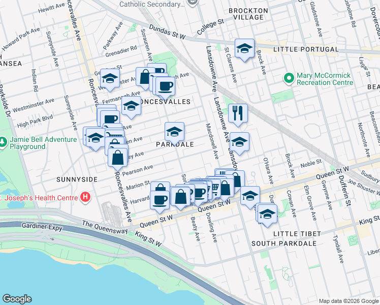 map of restaurants, bars, coffee shops, grocery stores, and more near 50 Pearson Avenue in Toronto