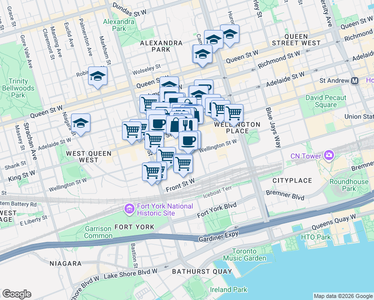 map of restaurants, bars, coffee shops, grocery stores, and more near 508 Wellington Street West in Toronto