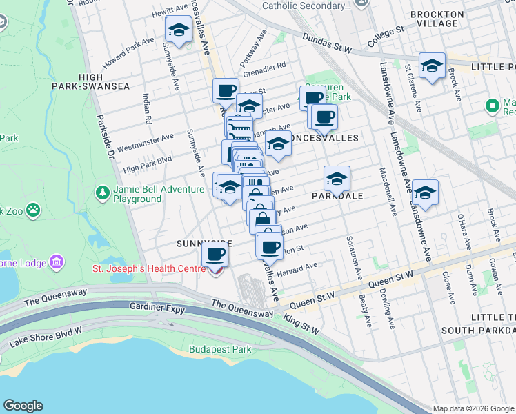 map of restaurants, bars, coffee shops, grocery stores, and more near 137 Roncesvalles Avenue in Toronto