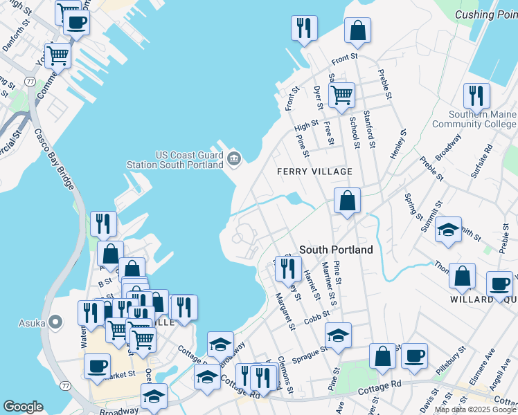 map of restaurants, bars, coffee shops, grocery stores, and more near 6-24 Mussey St in South Portland