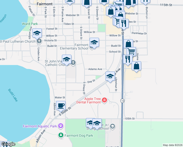 map of restaurants, bars, coffee shops, grocery stores, and more near 623 Washington Avenue in Fairmont