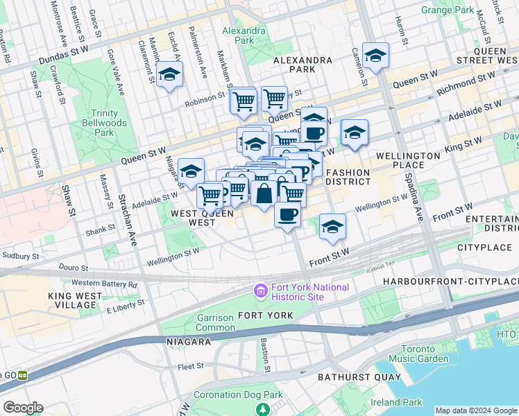 map of restaurants, bars, coffee shops, grocery stores, and more near 720 King Street West in Toronto