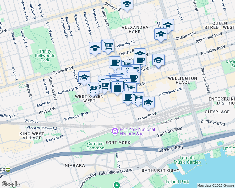map of restaurants, bars, coffee shops, grocery stores, and more near 701 King Street West in Toronto