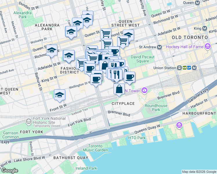 map of restaurants, bars, coffee shops, grocery stores, and more near 352 Front Street West in Toronto
