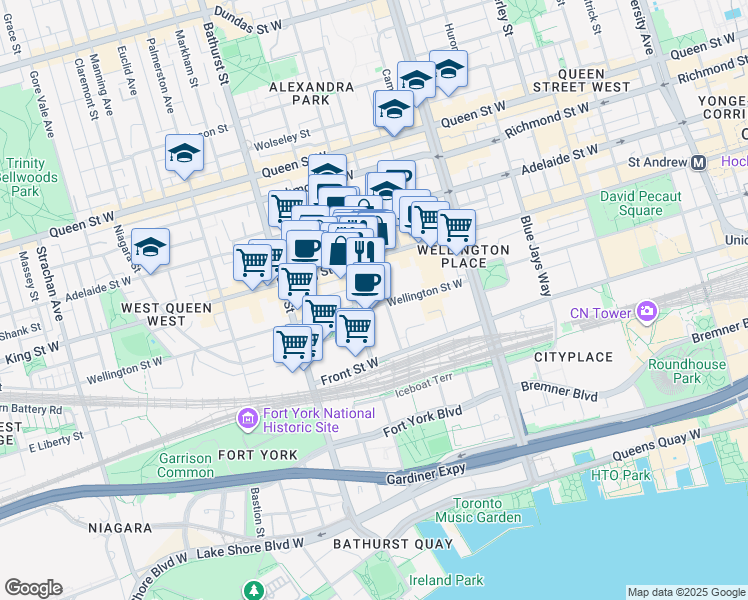 map of restaurants, bars, coffee shops, grocery stores, and more near 500 Wellington Street West in Toronto