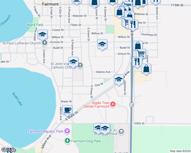 map of restaurants, bars, coffee shops, grocery stores, and more near 609 Adams Avenue in Fairmont
