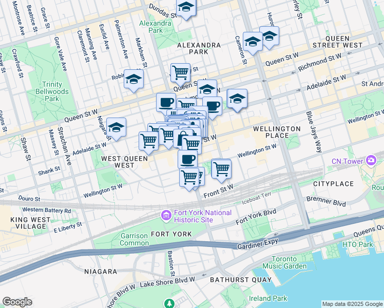 map of restaurants, bars, coffee shops, grocery stores, and more near 58 Stewart Street in Toronto