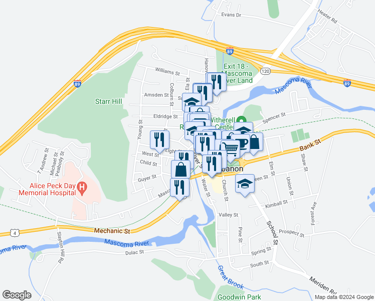 map of restaurants, bars, coffee shops, grocery stores, and more near 2 Fairview Avenue in Lebanon