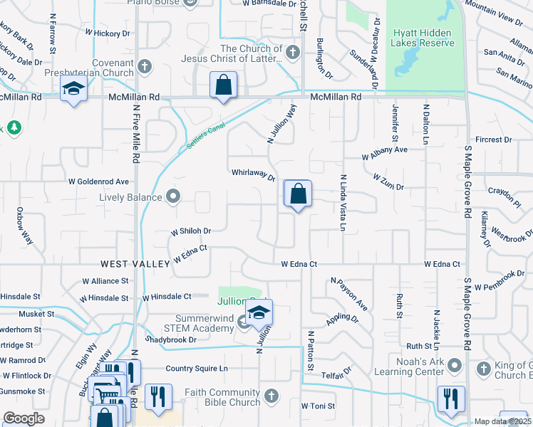 map of restaurants, bars, coffee shops, grocery stores, and more near 10010 West Meadowlark Street in Boise