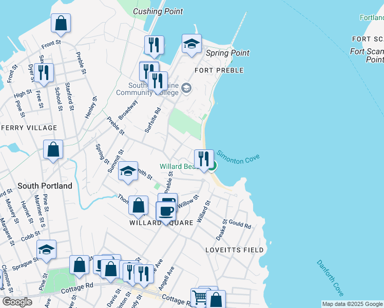 map of restaurants, bars, coffee shops, grocery stores, and more near 23 Myrtle Avenue in South Portland