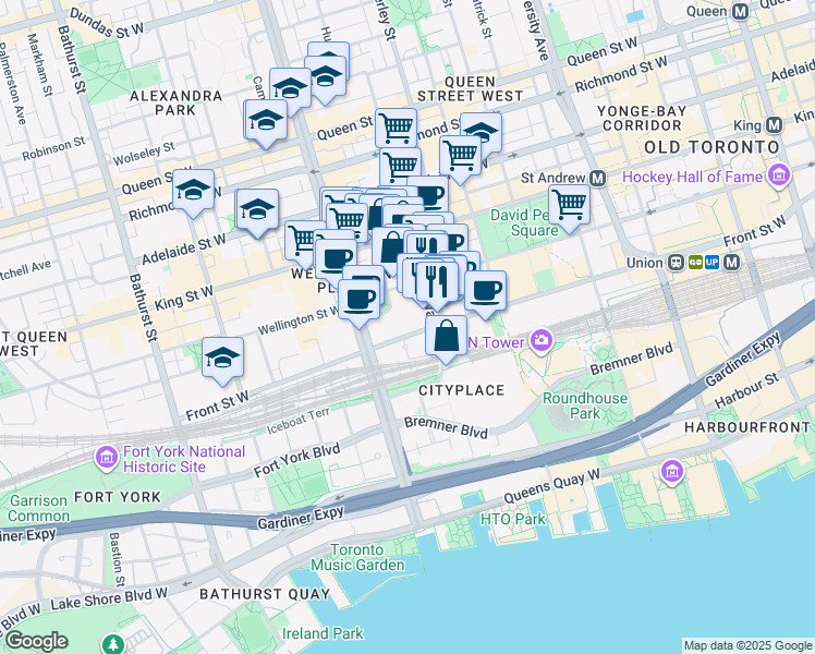 map of restaurants, bars, coffee shops, grocery stores, and more near in Toronto