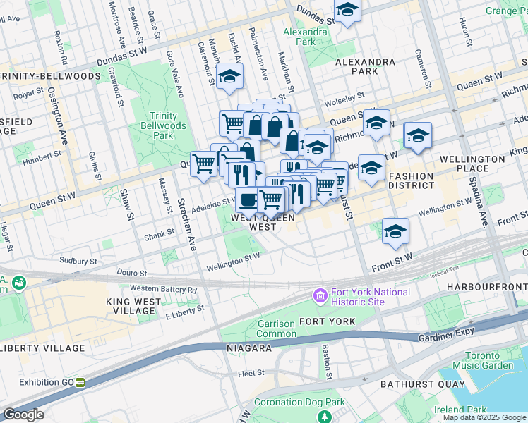 map of restaurants, bars, coffee shops, grocery stores, and more near in Toronto