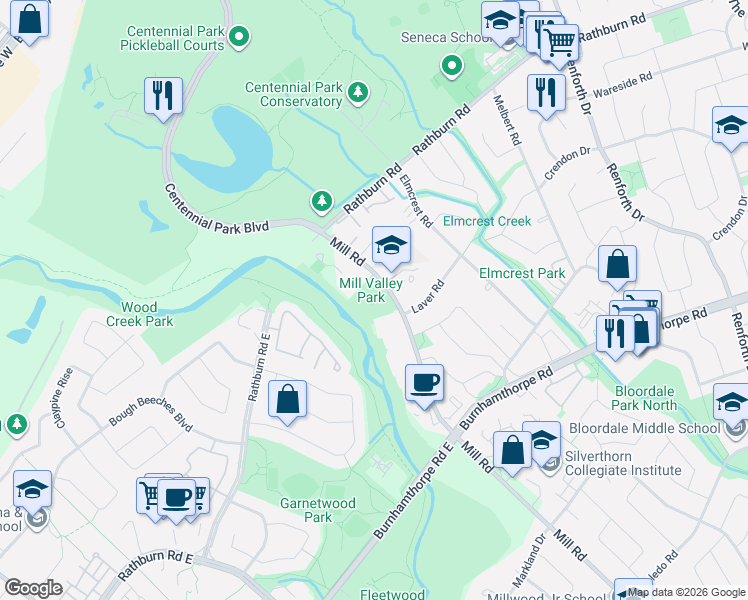 map of restaurants, bars, coffee shops, grocery stores, and more near 400 The East Mall in Toronto