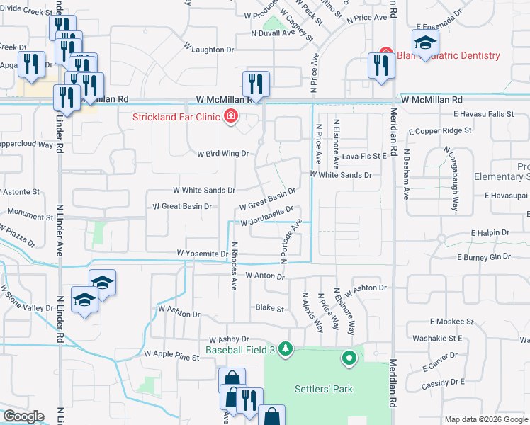 map of restaurants, bars, coffee shops, grocery stores, and more near 612 West Jordanelle Drive in Meridian