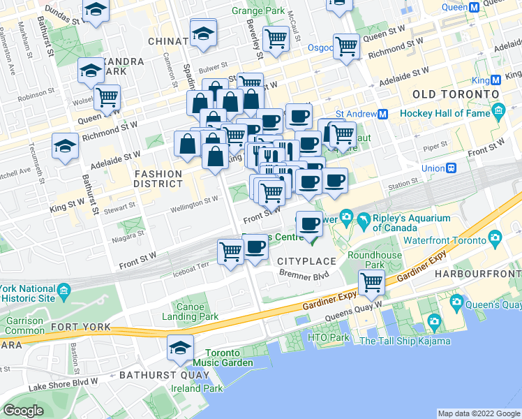 map of restaurants, bars, coffee shops, grocery stores, and more near 20 Blue Jays Way in Toronto