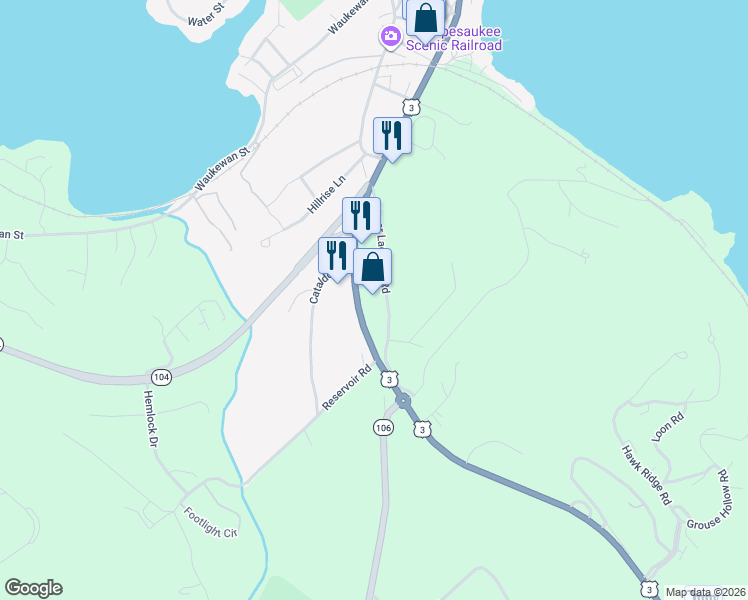 map of restaurants, bars, coffee shops, grocery stores, and more near 193 Daniel Webster Highway in Meredith