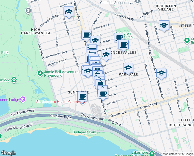 map of restaurants, bars, coffee shops, grocery stores, and more near 181 Roncesvalles Avenue in Toronto