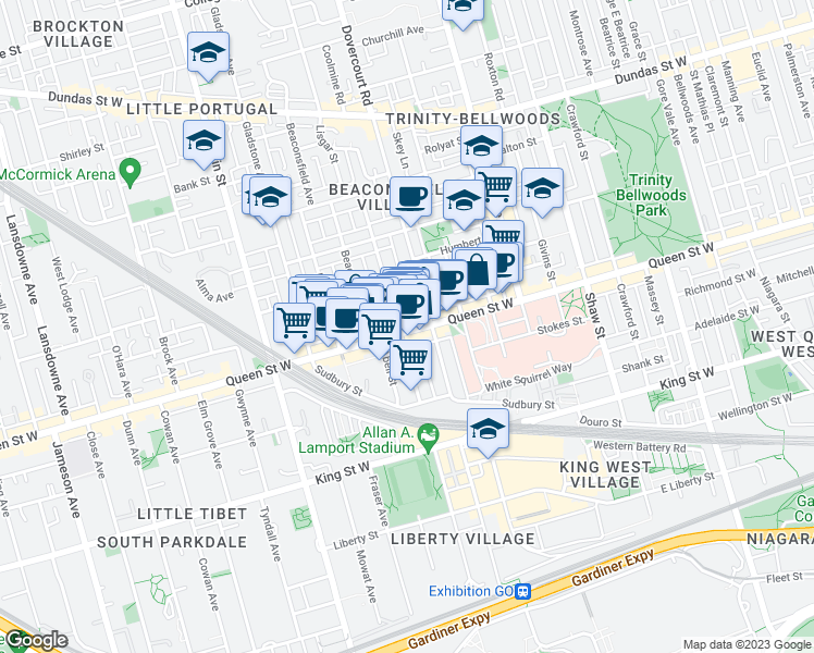 map of restaurants, bars, coffee shops, grocery stores, and more near 1118 Queen Street West in Toronto
