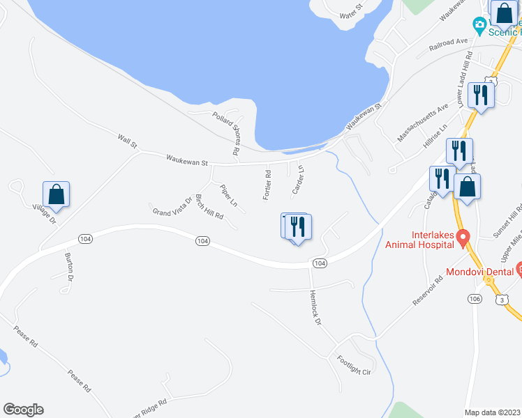 map of restaurants, bars, coffee shops, grocery stores, and more near 11 Fortier Road in Meredith