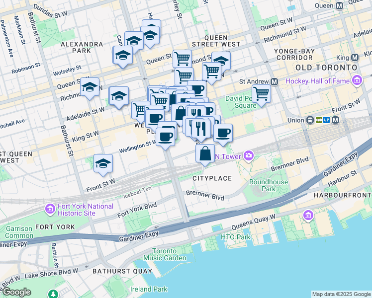 map of restaurants, bars, coffee shops, grocery stores, and more near 352 Front Street West in Toronto