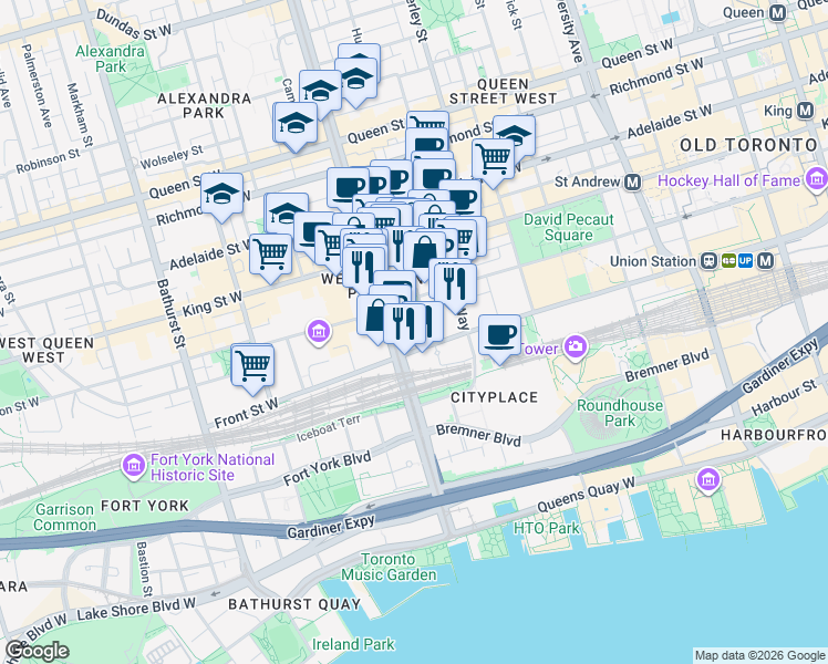 map of restaurants, bars, coffee shops, grocery stores, and more near 400 Front Street West in Toronto