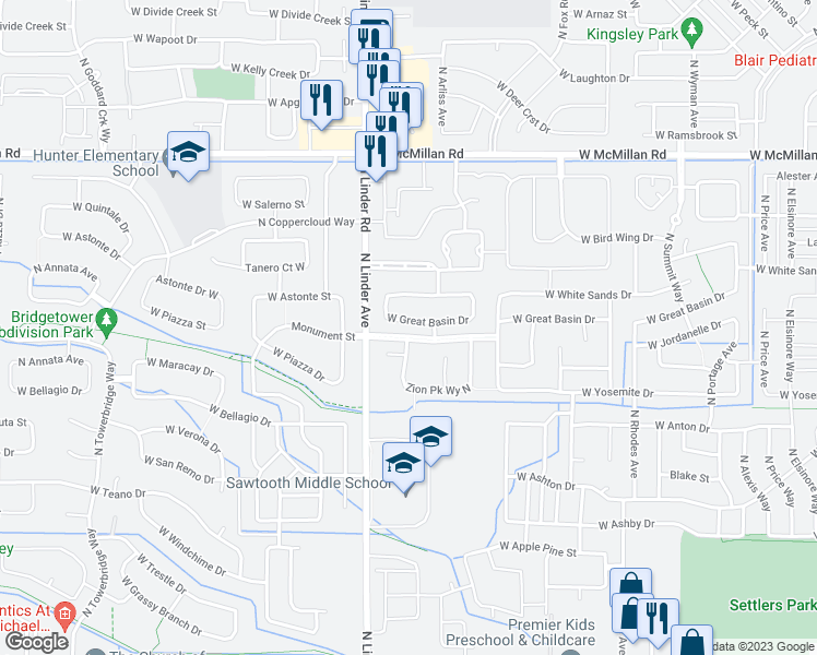 map of restaurants, bars, coffee shops, grocery stores, and more near 1427 West Great Basin Drive in Meridian