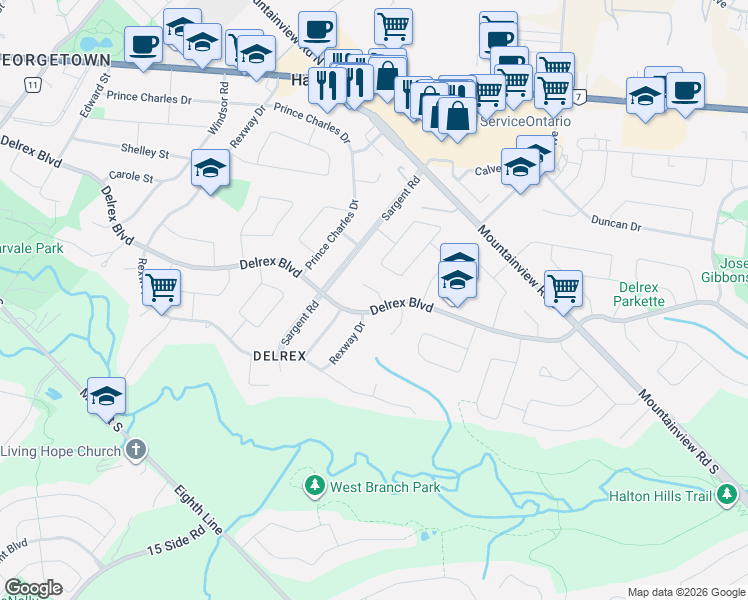 map of restaurants, bars, coffee shops, grocery stores, and more near 3 Crombie Place in Halton Hills