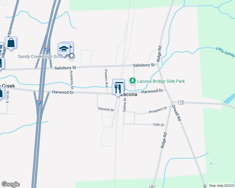 map of restaurants, bars, coffee shops, grocery stores, and more near Harwood Drive in Lacona