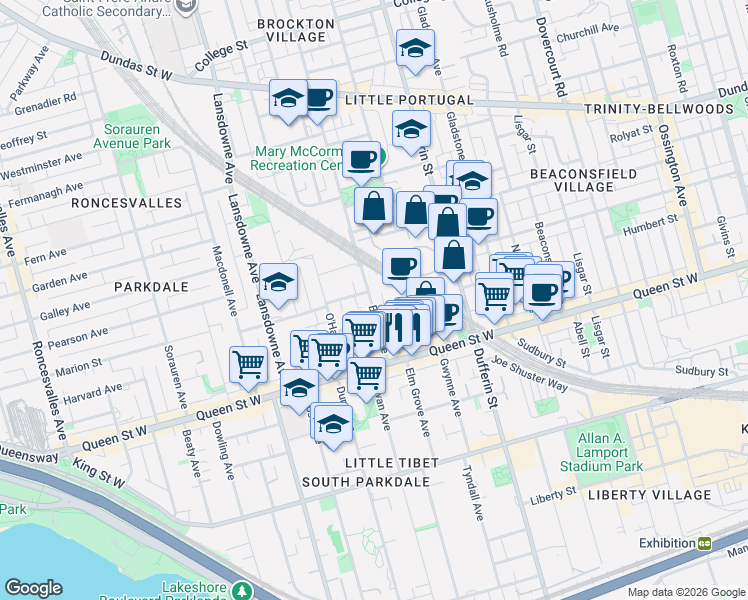 map of restaurants, bars, coffee shops, grocery stores, and more near 51 Brock Avenue in Toronto