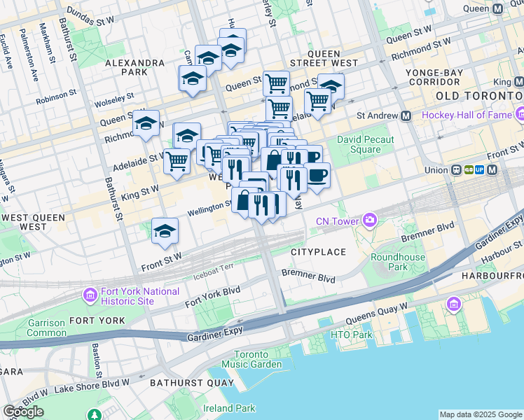 map of restaurants, bars, coffee shops, grocery stores, and more near in Toronto