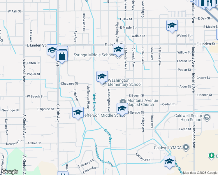 map of restaurants, bars, coffee shops, grocery stores, and more near 3283 Washington Avenue in Caldwell
