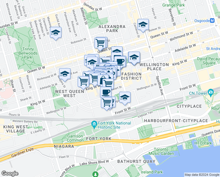 map of restaurants, bars, coffee shops, grocery stores, and more near 56 Stewart Street in Toronto