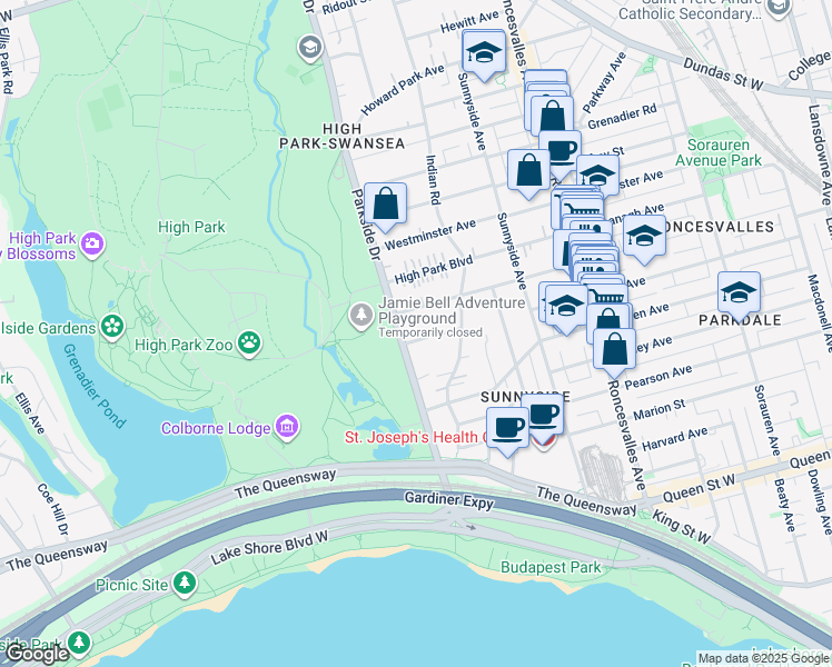map of restaurants, bars, coffee shops, grocery stores, and more near 26 Algonquin Avenue in Toronto